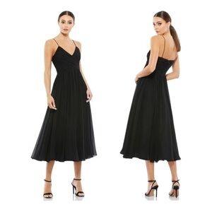 Mac Duggal Black Surplice Ruched Midi Dress faux wrap size extra large NWT